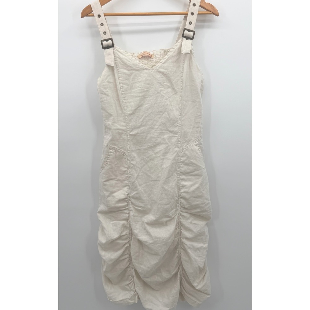 XCVI Wearable Vtg Airy M Ivory Ruched Overall Linen Cotton Dress Buckle Straps